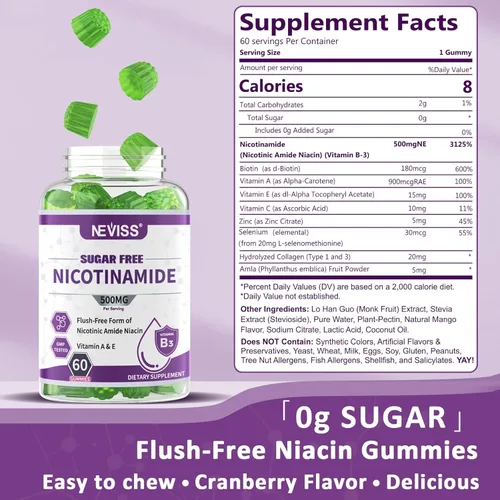 Vista 2 de Gomitas de nicotinamida de 500 mg (niacina libre de rubor) Suplemento de niacinamida de vitamina B3 para regeneración celular, niveles de NAD+