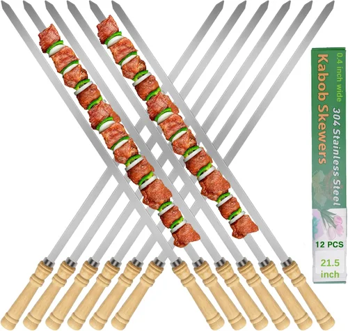 Vista 8 de Brochetas de acero inoxidable 304 de 21.5 pulgadas de largo para asar con mango de madera, pinchos planos anchos de metal para brochetas, brocheta