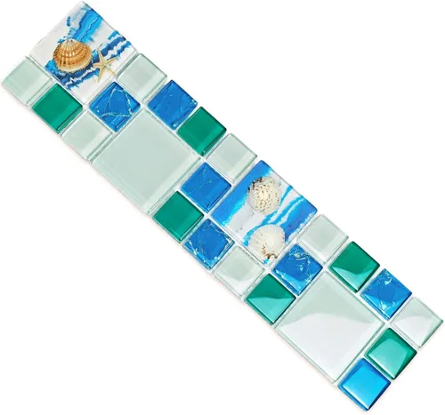 Vista 6 de Azulejo de vidrio brillante para salpicaduras de playa, resina, mosaico azul con concha, diseño de pez de mar, azulejos de suelo y pared