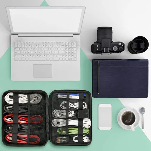 Vista 7 de MATEIN Organizador de electrónica, funda electrónica de viaje impermeable, bolsa de almacenamiento portátil de doble capa para accesorios de cámara