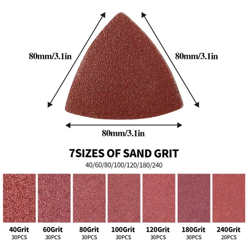 Vista 4 de 200 piezas de almohadillas de lija triangulares de 80 mm, papel de lija triangular con gancho y bucle para herramienta multifuncional oscilante