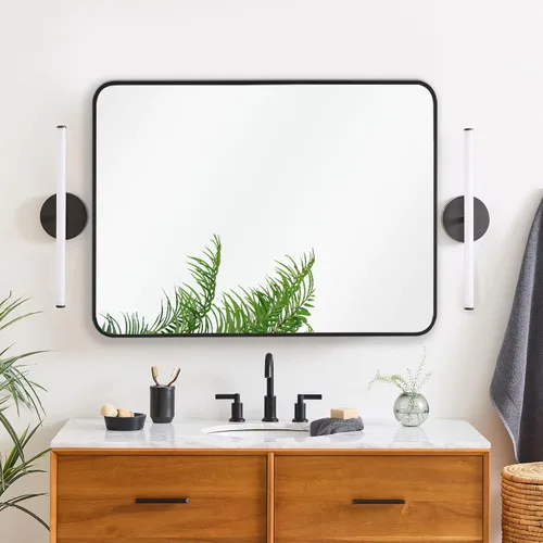 Vista 12 de Espejo rectangular de baño de 30 x 30 pulgadas con marco de metal negro, espejo rectangular de esquina redondeada para pared, moderno y grande