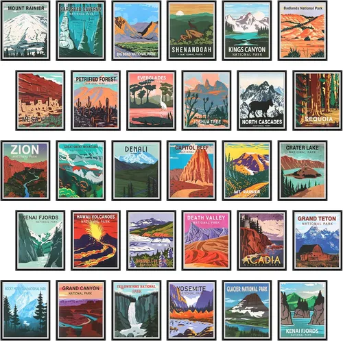 Teling Juego de 30 piezas de pósteres vintage de parques nacionales, naturaleza, arte de pared, impresiones de viaje, arte de pared y montaña sin