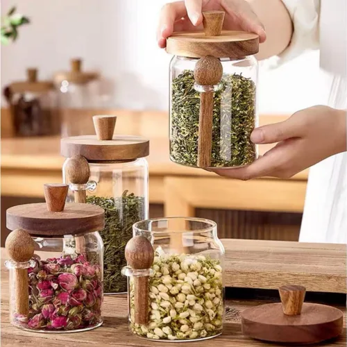 Vista 4 de ANSQU Tarros de vidrio con tapas y cucharas de madera (13.5 oz/20.3 oz/27 onzas), juego de 3 recipientes de vidrio para almacenamiento de alimentos
