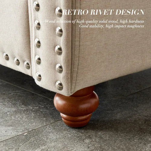 Vista 9 de Moderno juego de sofá de 3 piezas para sala de estar, sofá tapizado de lino con almacenamiento, ribete de cabeza de clavo, marco y patas de madera