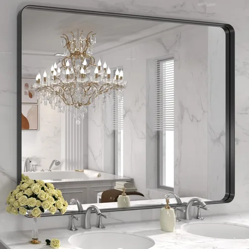 Vista 85 de LOAAO Espejo de baño dorado de 28 x 36 pulgadas, espejo rectangular redondeado con marco dorado, espejo de tocador de baño dorado cepillado montado
