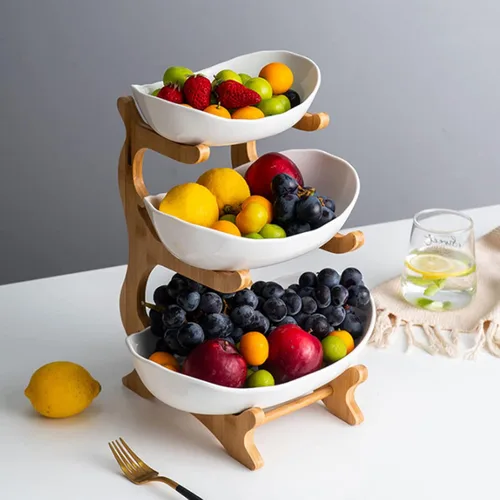 Vista 4 de Cesta de frutas de 3 niveles, cesta de frutas y verduras blancas, bandeja de frutas, soporte de cuenco para frutas, nueces, aperitivos, dulces