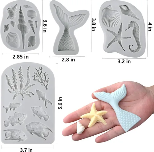 Vista 3 de Sakolla 4 piezas de moldes de silicona para fondant con tema marino, moldes de silicona en forma de cola de sirena, concha marina y estrella de mar
