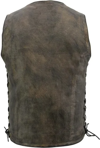 Vista 2 de Milwaukee Leather MLM3540 - Chaleco de piel para hombre, estilo moto, envejecido, café, con 10 bolsillos