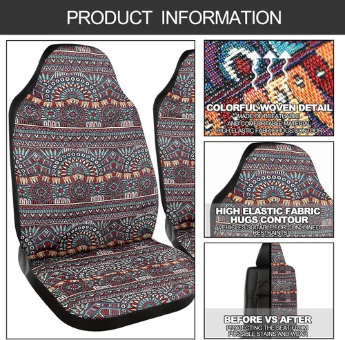 Vista 4 de Frienda - Juego completo de fundas para asientos de coche estilo Baja, manta de sillín multicolor con diseño bohemo a rayas, funda para volante