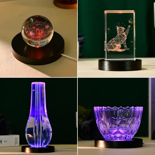 Vista 5 de Base de luz LED de madera para acrílico, resina, cristal, arte de vidrio, soporte de esfera de cristal USB de 7 ciclos de color, soporte