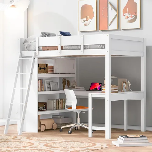 Vista 37 de Cama tipo loft de tamaño matrimonial con escritorio en forma de U, 1 armario y 2 cajones, 4 estantes de almacenamiento, marco de cama de madera