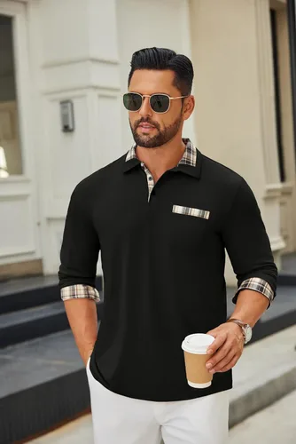 Vista 3 de COOFANDY Polo de manga larga para hombre, estilo casual, con botones, a cuadros, cuello de golg, con bolsillo
