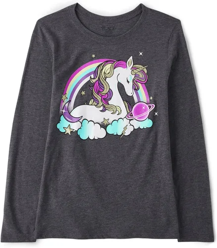 The Children's Place Camisetas gráficas de manga larga de unicornio para niña