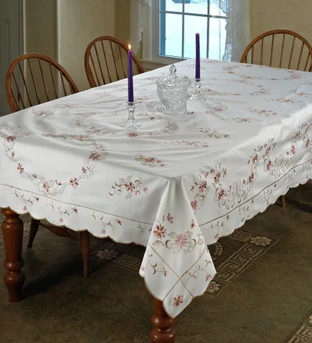 Vista 2 de Violet Linen Mantel de diseño renacentista bordado blanco/blanco, 70 x 120 pulgadas