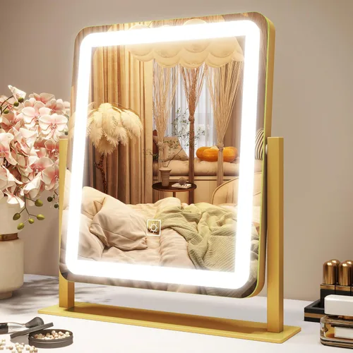 Vista 17 de ROLOVE - Espejo de tocador iluminado de 22 x 19 pulgadas con luces LED regulables, 3 modos de color, control táctil inteligente y base giratoria