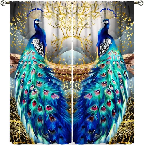 Vista 14 de Cortinas opacas de pavo real, hermoso patrón de estampado de flores de pavo real azul, estampado de mariposas y pavo real, juego de 2 paneles