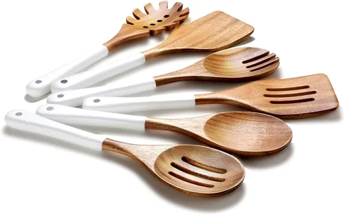 Vista 12 de Cucharas de madera para cocinar, 6 PCS utensilios de cocina de madera de acacia natural, juego de utensilios de cocina de madera antiadherente