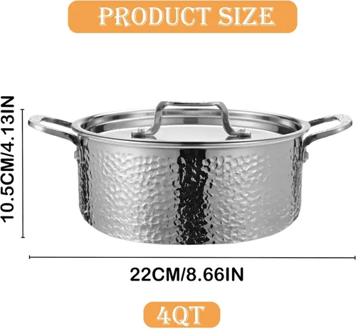 Vista 2 de Vivicreate Olla de cocina profunda de acero inoxidable de tres capas con exterior martillado, compatible con todas las estufas, incluso distribución