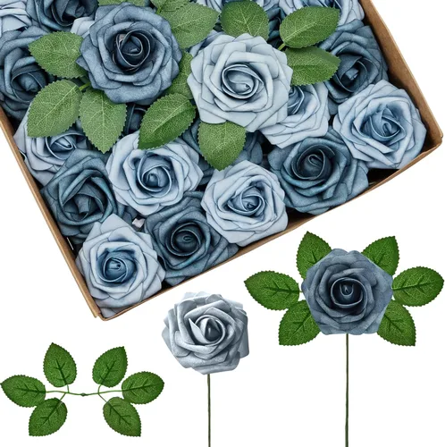 Vista 29 de InnoGear Flores artificiales, 50 unidades de rosas falsas de espuma polvorienta a granel con tallos para decoración, ramos de boda, centros de mesa