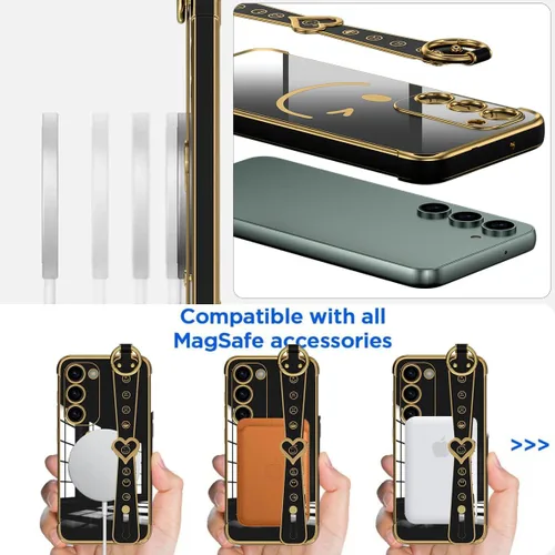 Vista 17 de AICase Funda para Samsung Galaxy S23 con protección completa de lente de cámara + correa, cara sonriente chapada con purpurina brillante