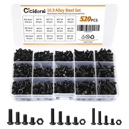 Kit surtido de 520 piezas de acero de aleación M3 M4 M5 de grado 10.9, pernos, tornillos y tuercas con cabeza hexagonal y botón, juego completo de