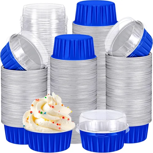Vista 15 de Gejoy 400 tazas de papel de aluminio para hornear con tapas, moldes desechables de 5 onzas, mini moldes para tartas, moldes para magdalenas, moldes