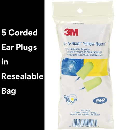 Vista 2 de 3M Tapones para los oídos, 5 pares/paquete, E-A-Rsoft Yellow Neons VP311-4106, cable detectable de metales, desechable, espuma, NRR 32, taladrado