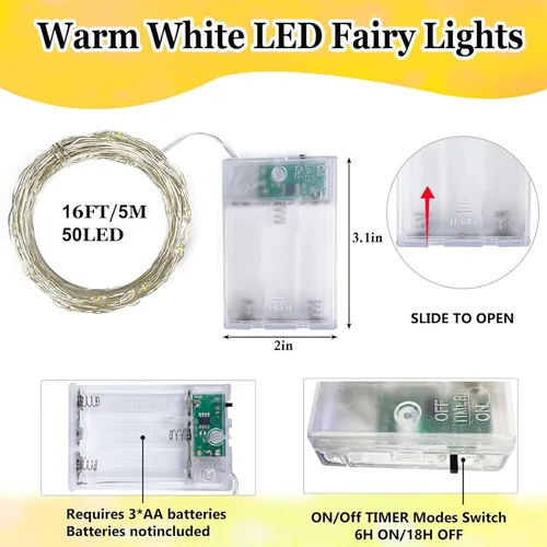 Vista 13 de Paquete de 2 guirnaldas de luces LED, funcionan con pilas, 5 m, 50 luces intermitentes, temporizador, impermeables, para habitaciones, bodas
