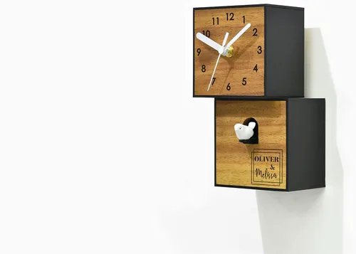 Vista 3 de Modern Cuckoo Bird Clock - Solid Wood - Wooden Wall/Table Clock - Minimalist Wall Art - Contemporary Decor - City Two Story Square (Modern Frame)
