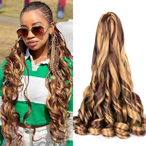 Vista 59 de Extensiones de cabello rizado francés, #4 marrón sintético para trenzar, 2.47 onzas/paquete, extensiones de cabello de ganchillo de 24 pulgadas, 8
