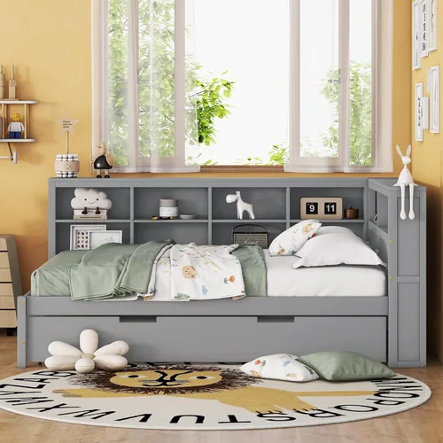 Vista 39 de Quarte Elegante cama de plataforma con estanterías en forma de L, cama de plataforma de madera tamaño individual con 2 cajones de almacenamiento