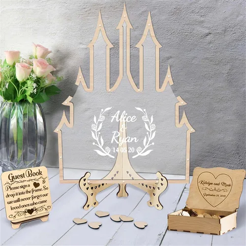 Vista 11 de Libro alternativo de corazón personalizado para libro de invitados con 30 a 100 corazones de madera, caja de madera personalizada para decoración