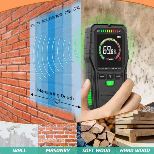 Vista 2 de Medidores de humedad sin pines, probador digital de humedad de madera no invasivo, detector de fugas de agua para pared, madera, edificio, leña