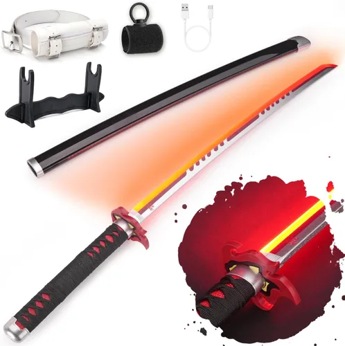 Vista 12 de RENGENG - Espada iluminada, 40 pulgadas, réplica de anime de plástico recargable con cinturón y soporte, textura original, espada de anime