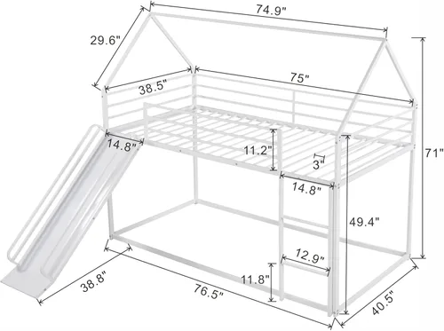 Vista 23 de Harper & Bright Designs Litera de metal para niños, cama individual sobre individual, litera baja con forma de casa, techo, escalera, barandilla