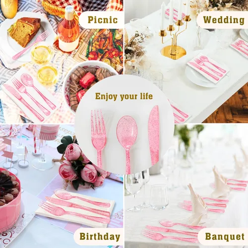 Vista 7 de 150 piezas de juego de cubiertos de plástico rosa resistente - 50 tenedores, 50 cuchillos, 50 cucharas para cumpleaños, boda, baby shower, despedida