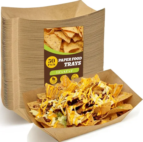 Vista 14 de Ocmoiy Bandejas de papel de 3 libras, paquete de 50 bandejas desechables para nachos, papel kraft de alta resistencia, soportes para botes