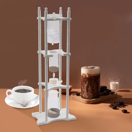 Vista 3 de LOYALHEARTDY Torre comercial de goteo en frío, 25 tazas de café helado manual retro con recipiente de vidrio, soporte de madera, cafetera gotera