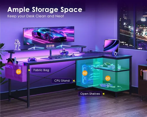 Vista 28 de ODK Escritorio para juegos de 40 pulgadas con tomas de alimentación USB y luces LED, escritorio reversible en forma de L con estantes de Superficie