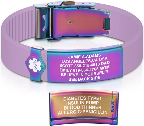 Vista 70 de Divoti Pulsera de identificación de alerta médica grabada personalizada, grabado láser de doble cara (hasta 9 líneas), pulsera de silicona ajustable