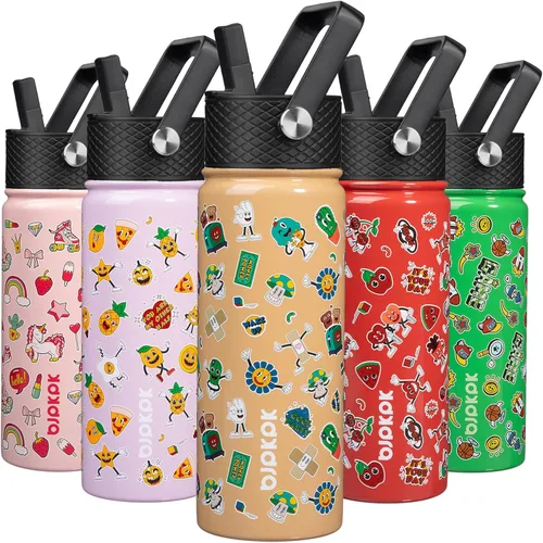 Vista 30 de BJPKPK Botella de Agua Aislada con Tapa de Pajita, 15 oz Botellas de Agua de Acero Inoxidable, Reutilizable a Prueba de Fugas sin BPA Termo, Frasco