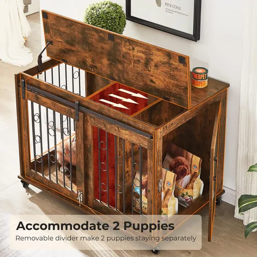 Vista 2 de Lyromix Mueble de jaula para perros con divisor para 2 mascotas pequeñas a medianas, mesa auxiliar de madera para cachorros, perrera