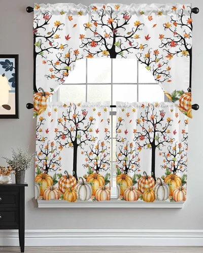 Vista 2 de Pumpkins Thanksgiving Kitchen Curtains Swag Valance and Tier Curtains Set 24 Inch Length, Fall Watercolor Botanical Leaves Retro Rod Pocket Drape