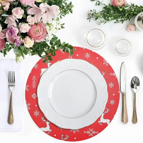 Vista 5 de White Reindeer Red Round Placemats, Non Slip Washable Placemats Dining Table for Kitchen Table one sizex1