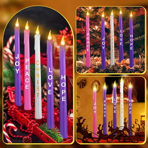 Vista 7 de 5 piezas de juego de velas de Adviento sin llama LED, velas de Adviento de Navidad con palabras Esperanza Paz Amor Alegría Cristo, velas cónicas