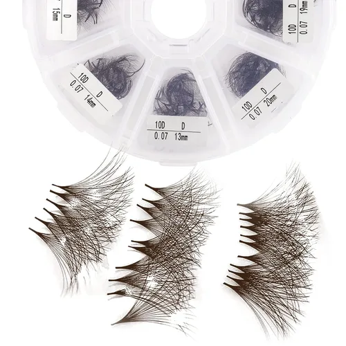 Vista 9 de Extensiones de pestañas de 1200 fans, prefabricadas, con volumen, 9-20mm, bandeja mixta, 20D, con punta en C, base puntiaguda, extensiones