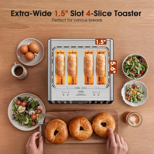 Vista 5 de Tostadora de 4 rebanadas: pantalla táctil inteligente digital dual y panel de control independiente Tecnología de una sola ranura, Acero inoxidable
