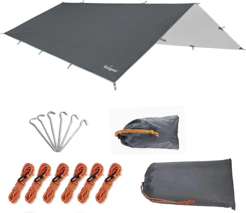 Vista 10 de Unigear Toldo para Hamaca contra Lluvia, Lona de Campamento de 16.5/14.4/13.1/9.8 pies, Protección UV e Impermeable y Ligera para Campamento, Marrón