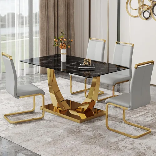 Vista 34 de Juego de mesa de comedor de 63 pulgadas para 4, juego de mesa de comedor dorado moderno para 4, juego de mesa de cocina de mármol sintético